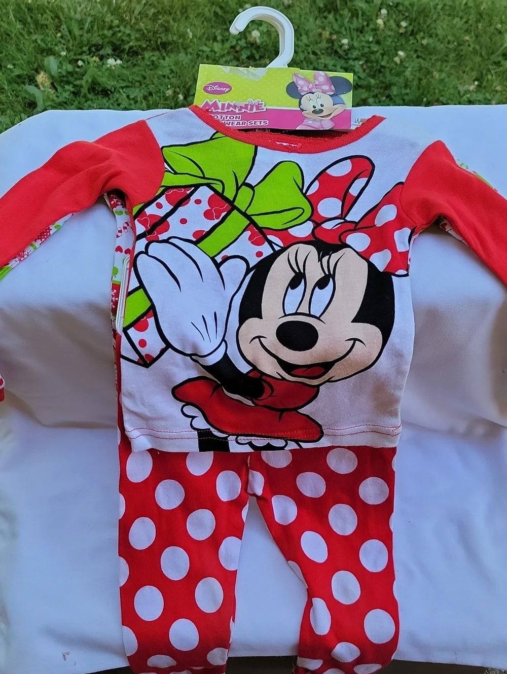 Disney Minnie Mouse Red White Polka Dot Pajama Set with Green Bow Accent